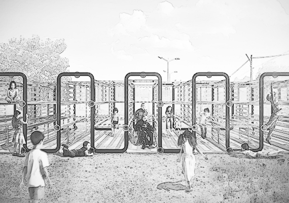 Propuesta de B+V Arquitectos para concurso de MiParque - Fahneu para el diseño de un juego Urbano. El proyecto se configura en base a una retícula de acero tubular de 100x70x70 cm que enmarca paneles móviles de plástico traslúcido de colores. El proyecto se plantea como un sistema lúdico, que se modifica en cada avanzar del juego y donde de común [des]acuerdo se construye una ficción en movimiento.