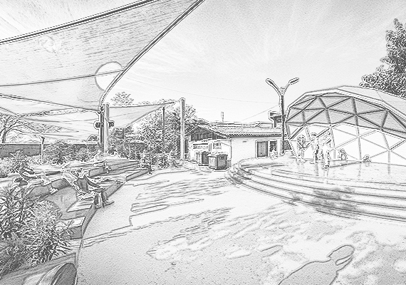 Propuesta de anfiteatro para el centro cultural de Puchuncaví. Actualmente el patio trasero del recinto está en desuso por lo que se propone utilizar los desniveles naturales para realizar la intervención así como un domo geodésico como concha acústica. 