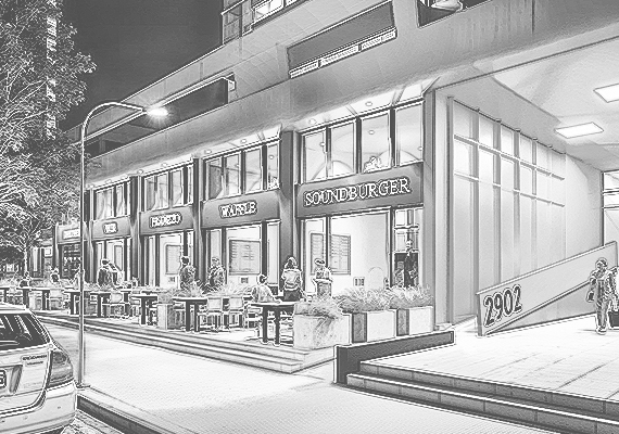 Propuesta para la remodelación del emblemático edificio 'La Portada de Vitacura' de Mauricio Despouy. La propuesta consiste en uniformar el zócalo comercial actual mediante homologación de tipografías y materiales. 